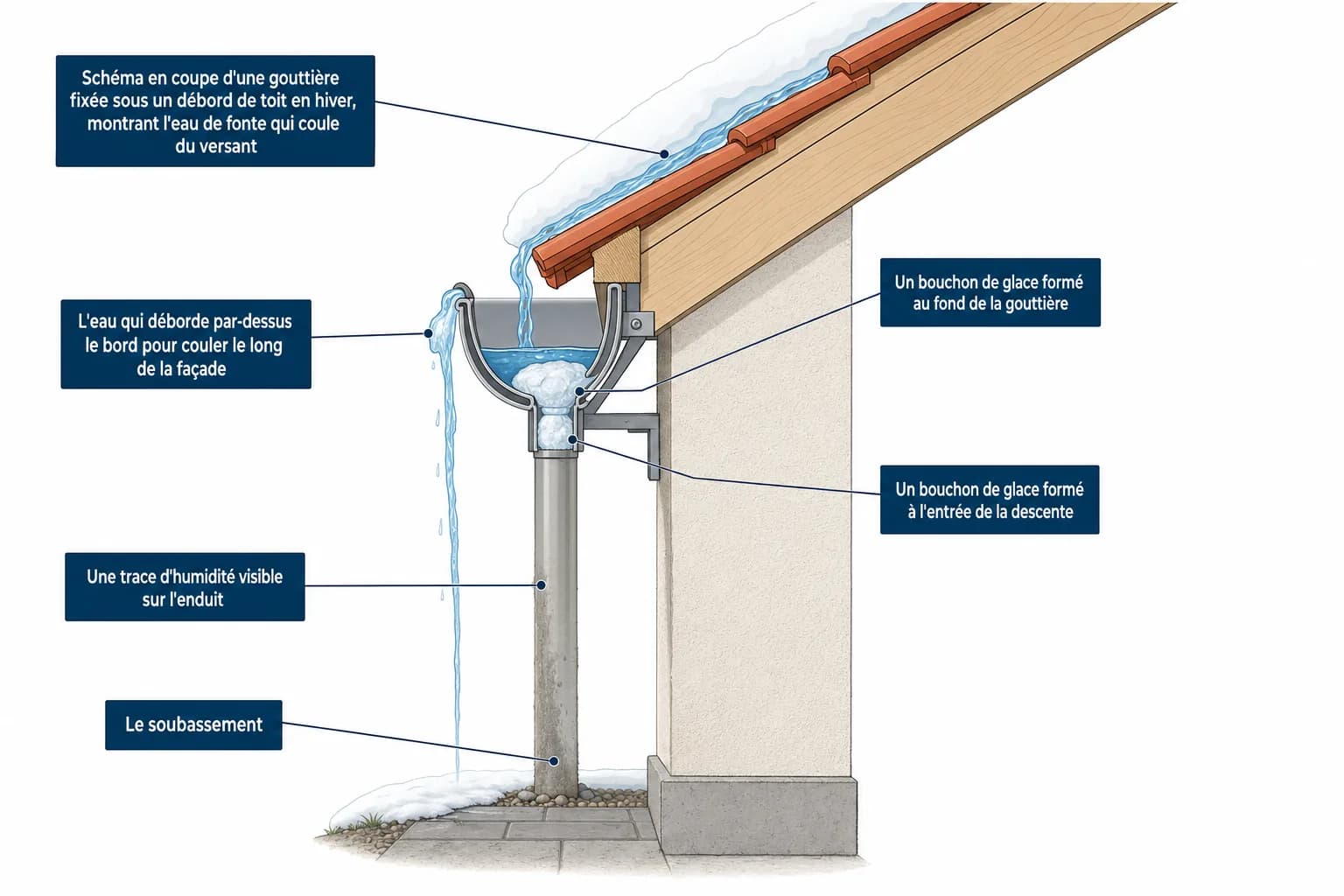 Coupe technique montrant comment un bouchon de glace dans la gouttière provoque un débordement d'eau le long de la façade