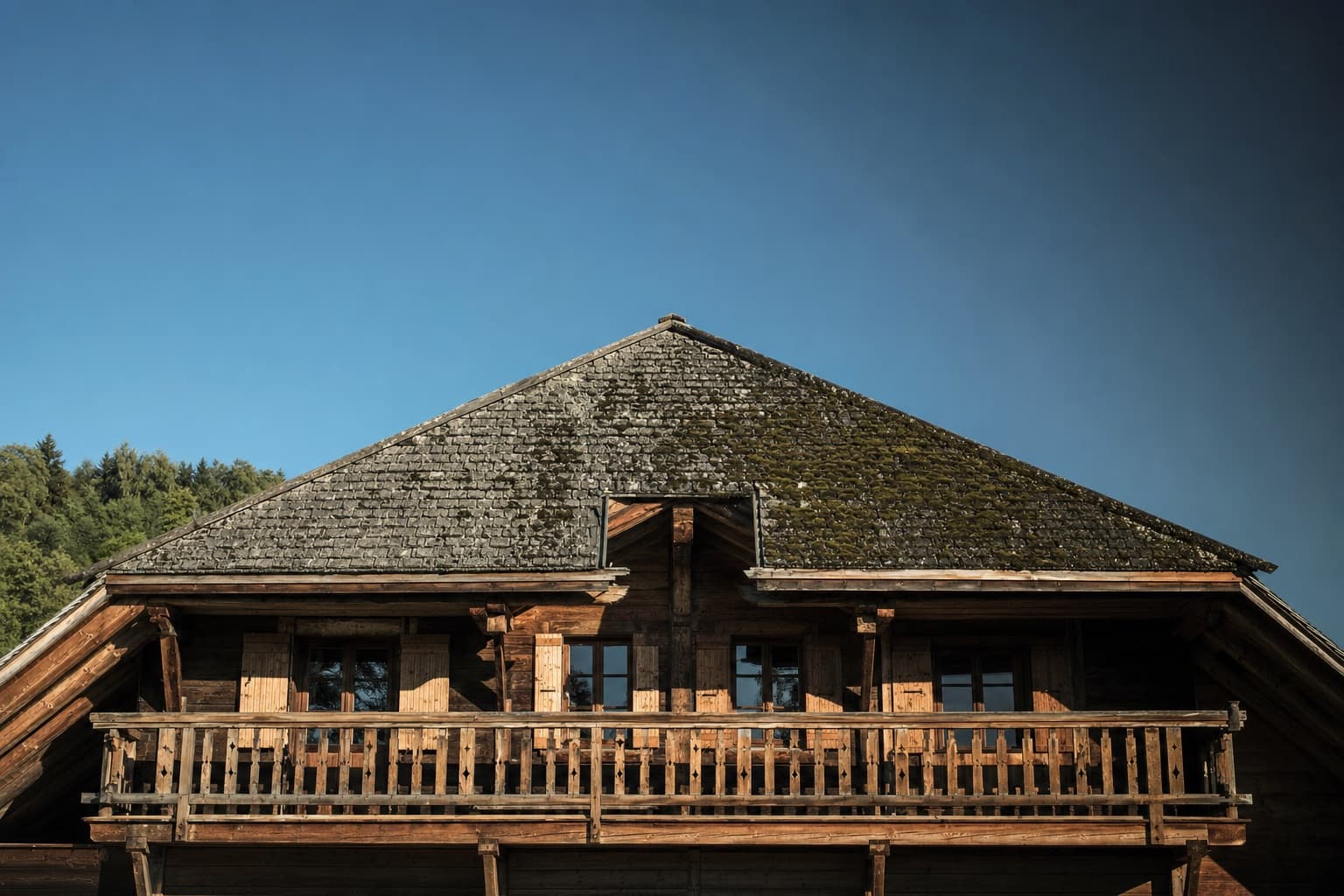 Le toit d’un chalet savoyard, son versant à l’ombre noirci par la mousse et le lichen