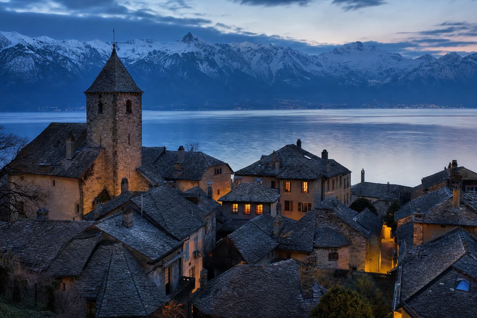 Illustration : un village médiéval au bord du lac Léman à l’heure bleue, ses toits de pierre serrés et la crête alpine au fond